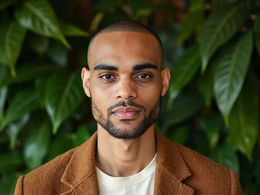 Portrait of a young man with a short beard and shaved head, wearing a brown jacket and white shirt, standing in front of green leafy background.