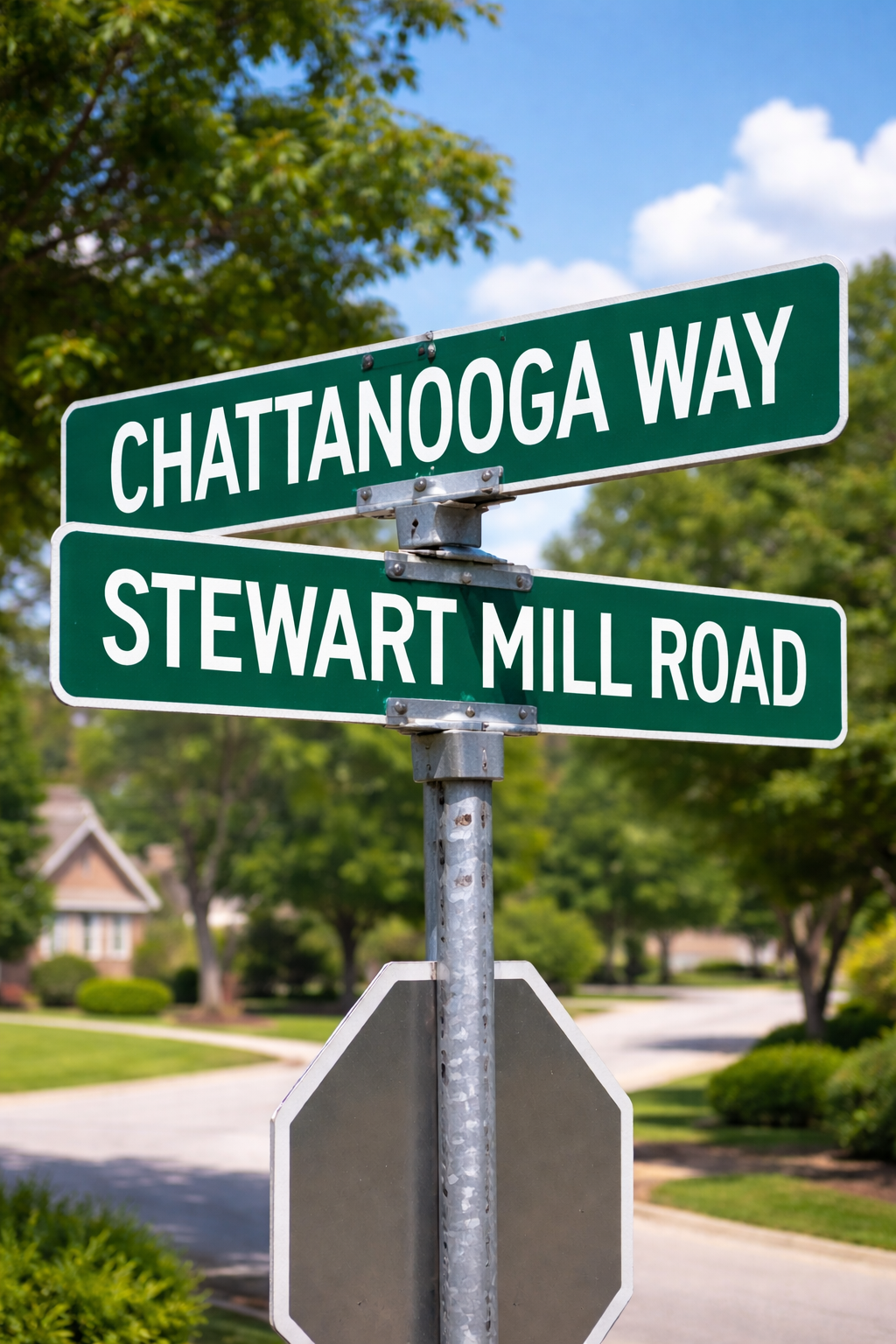 Street signs at the corner of Chattanooga Way and Stewart Mill Road in a suburban neighborhood with green trees and houses.
