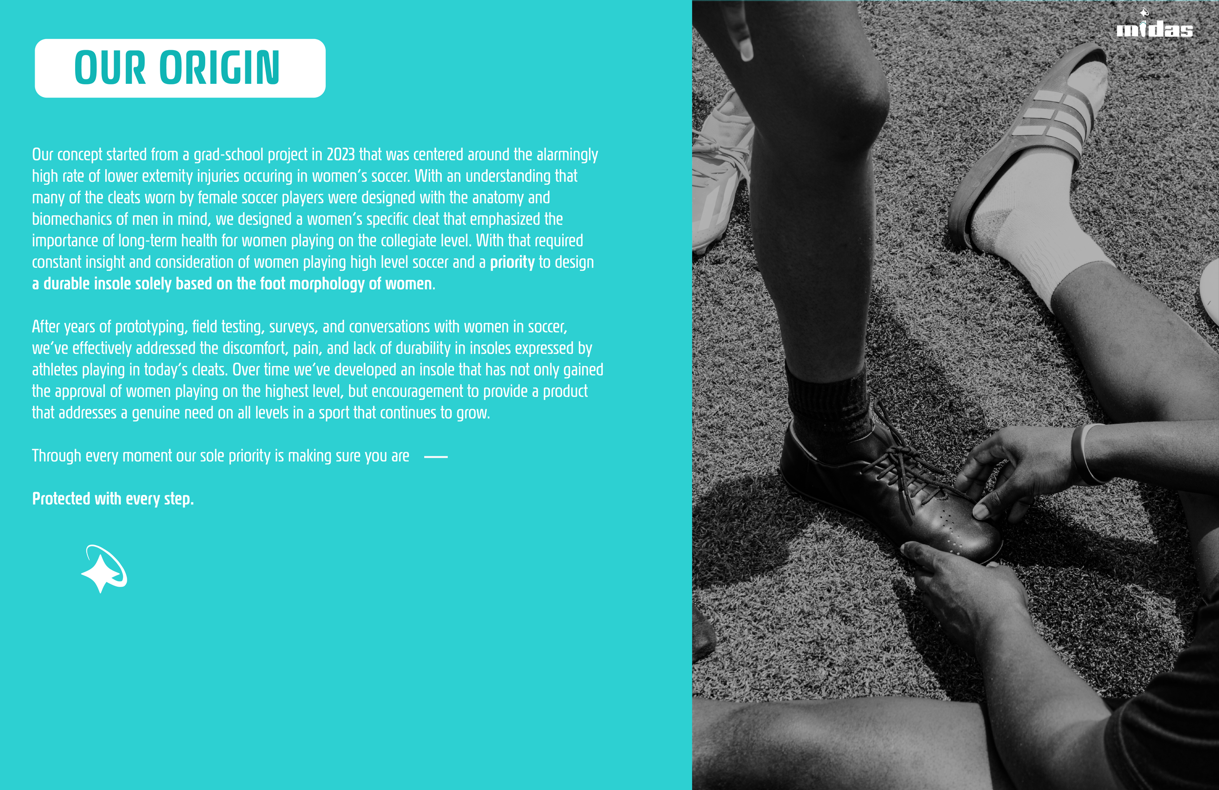 Text and image layout about the origins of Midas Touch Insoles and how the company is rooted in prioritizing the comfort, health, and performance of women in soccer through durable footwear solutions.
