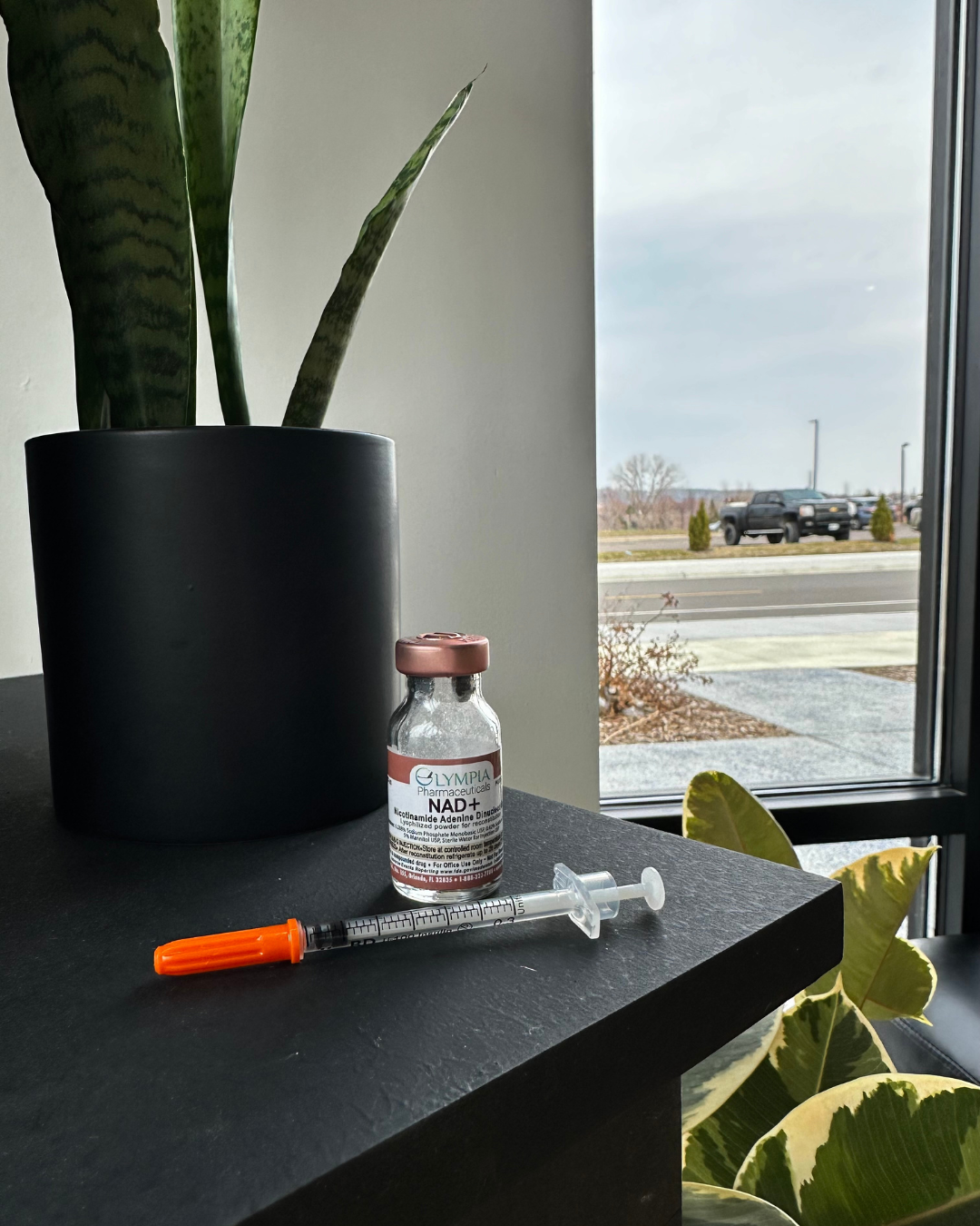 A small vial of NAD+ supplement, a syringe with an orange cap, and a black plant pot with tall green plants on a black table near a window with a view of the parking lot outside.