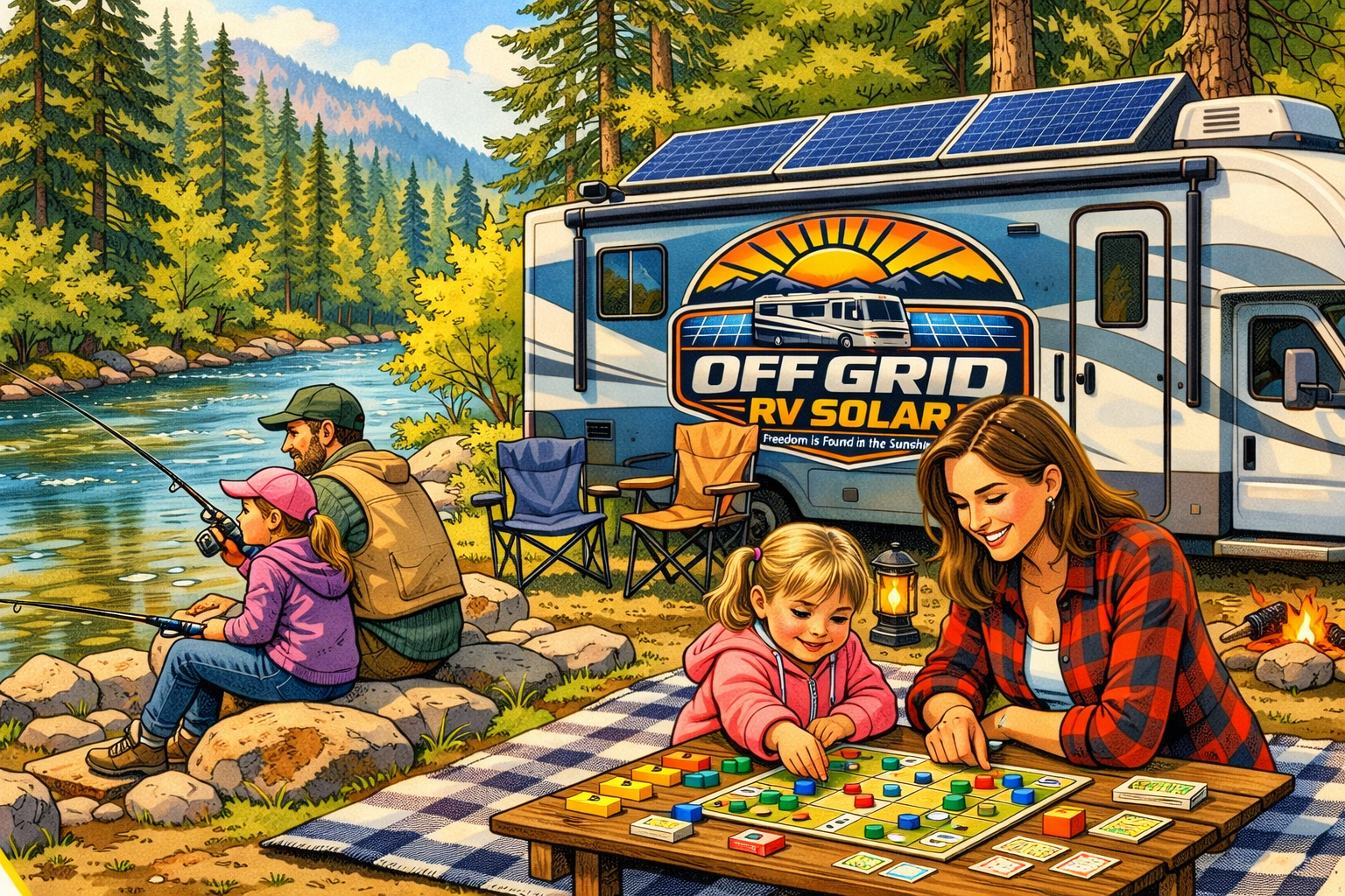 A family enjoying outdoor activities near a lake with a forest background. Two children fish by the water, one adult sits nearby, and another woman plays board games on a picnic table. A camper RV with solar panels is parked behind them.