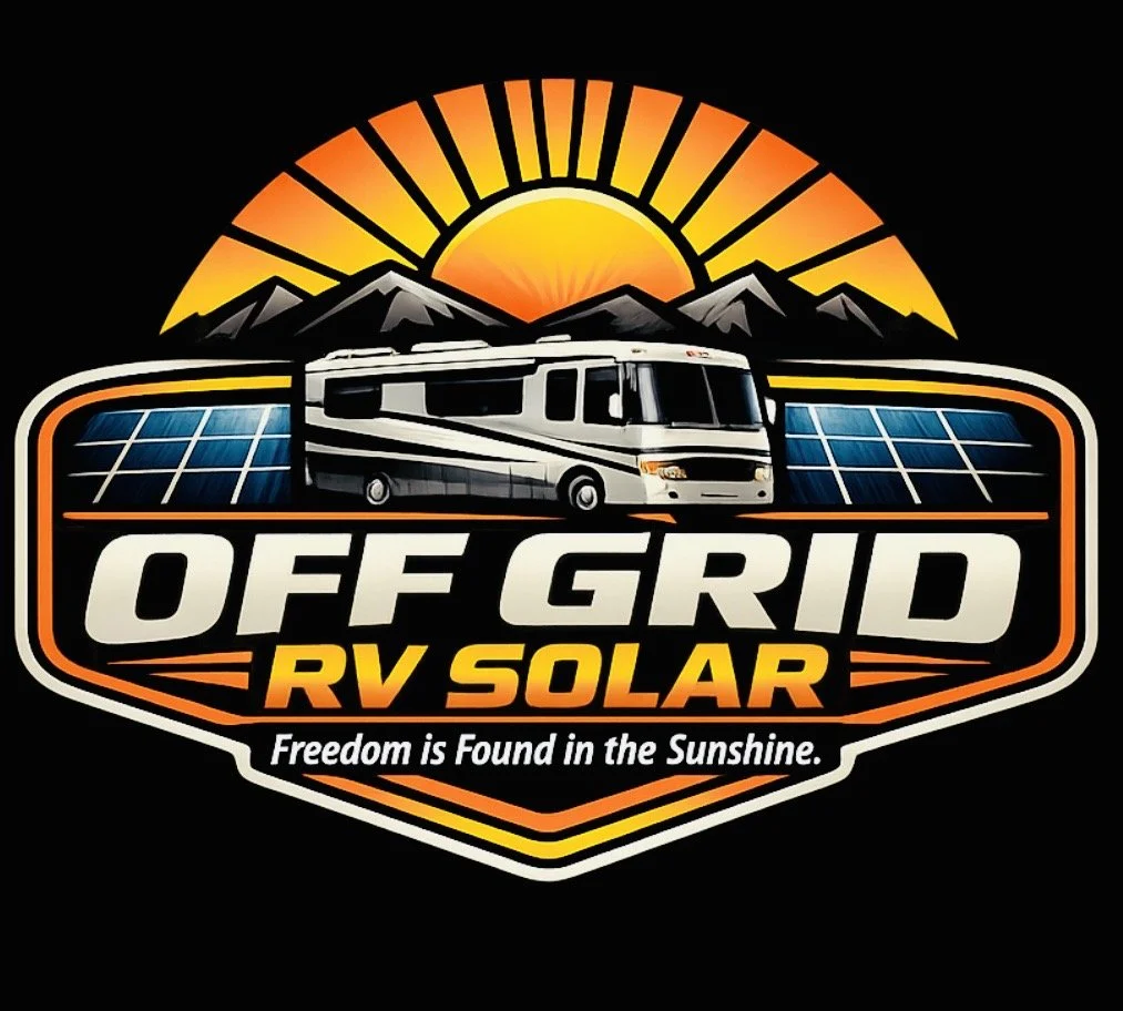 Logo with a sunset behind mountains, a solar-powered RV, and the text "Off Grid RV Solar" with the tagline "Freedom is found in the sunshine."