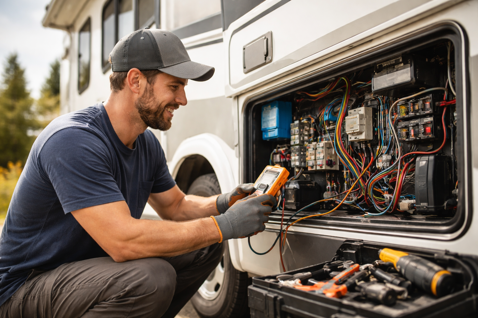 A man wearing a cap and gloves working on the electrical wiring of a large vehicle, with tools laid out nearby.