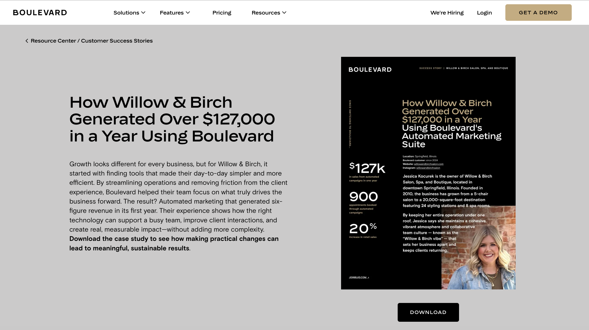 Willow & Birch case study landing page highlighting how the hair salon generated six figure revenue with Boulevard.