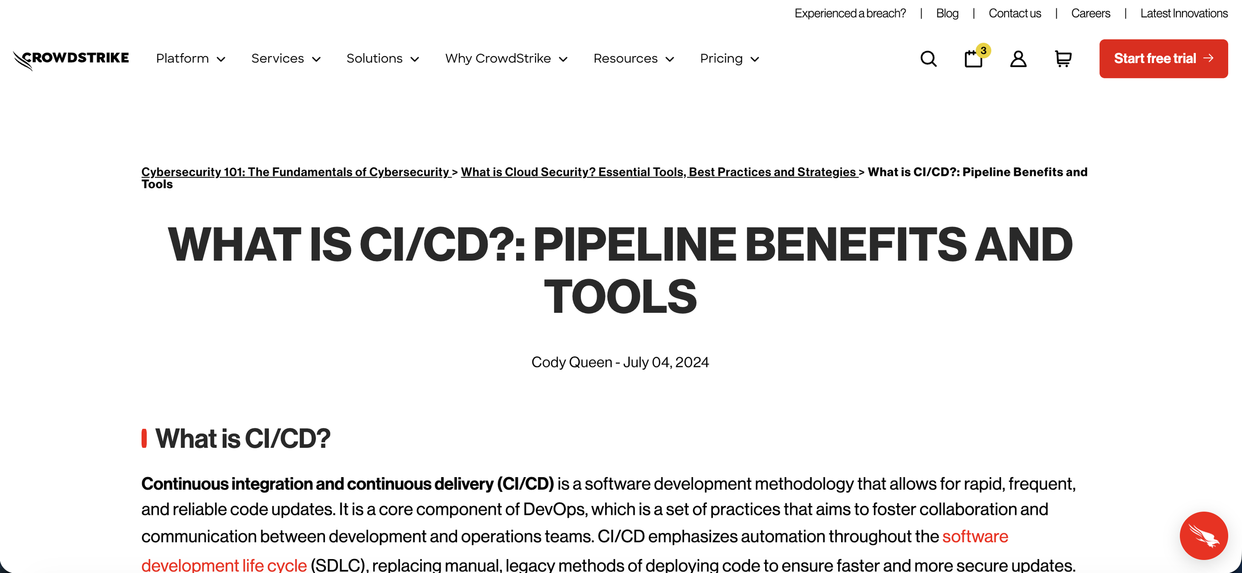 Screenshot of a webpage titled 'What is CI/CD?: Pipeline Benefits and Tools' from CrowdStrike, discussing software development methodologies, with navigation menu, search icon, user account, shopping cart, and a red 'Start free trial' button.