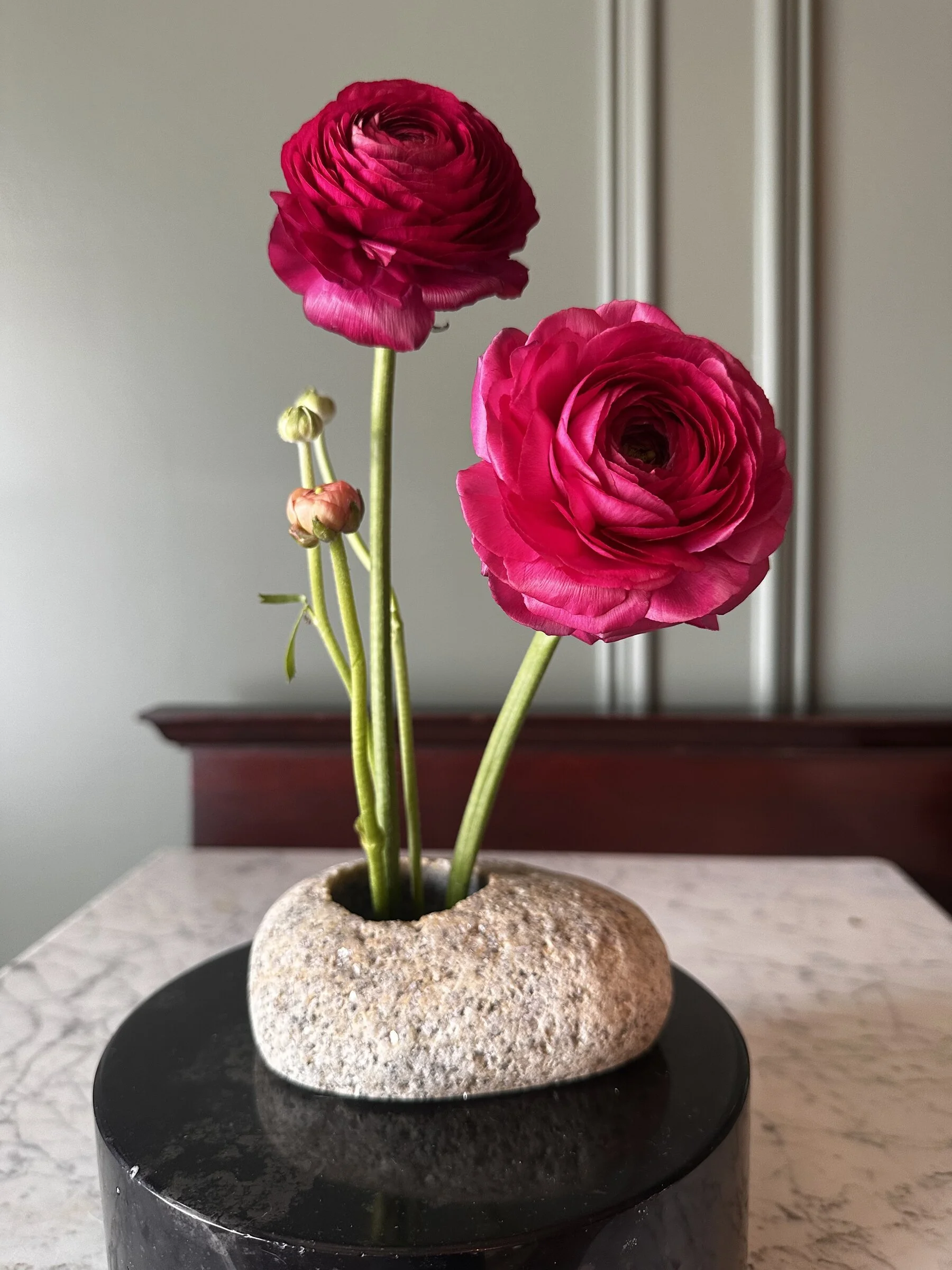 redranunculusbeachstoneikebanavaseblackmarblestandapexflorist.jpg
