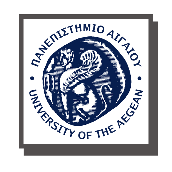 Seal of the University of the Aegean featuring a mythological figure with a serpent and a staff, with Greek and English text circling the emblem.