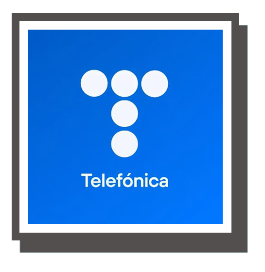 Telefónica logo featuring stylized white dots forming a T shape on a blue background with the word 'Telefónica' below.