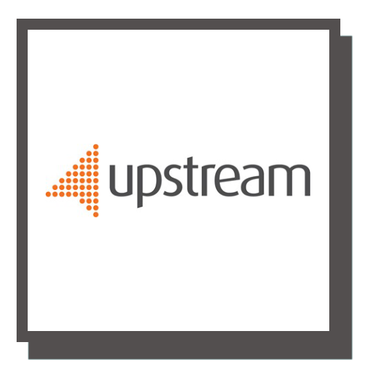 Upstream logo with orange triangle composed of dots and black text