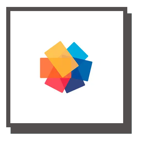 Colorful overlapping squares arranged in a circular pattern on a white background.
