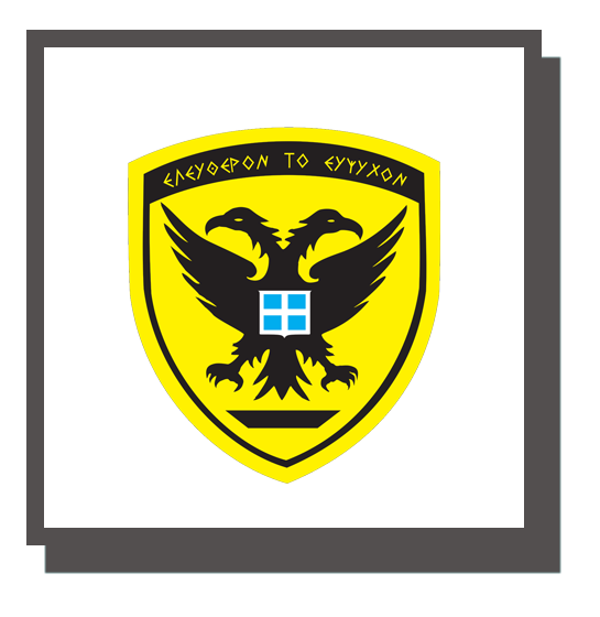 A yellow shield with a black double-headed eagle, a blue and white window in the center, and Greek text at the top.