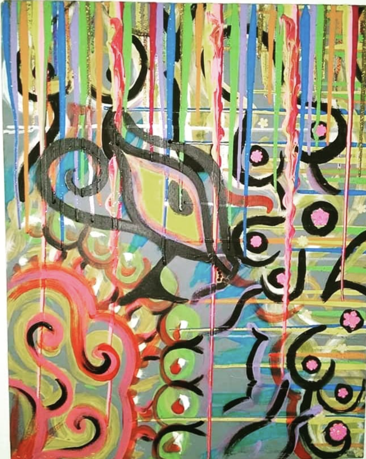 Colorful abstract painting featuring black swirl designs, pink floral accents, and vertical paint drips in various colors.