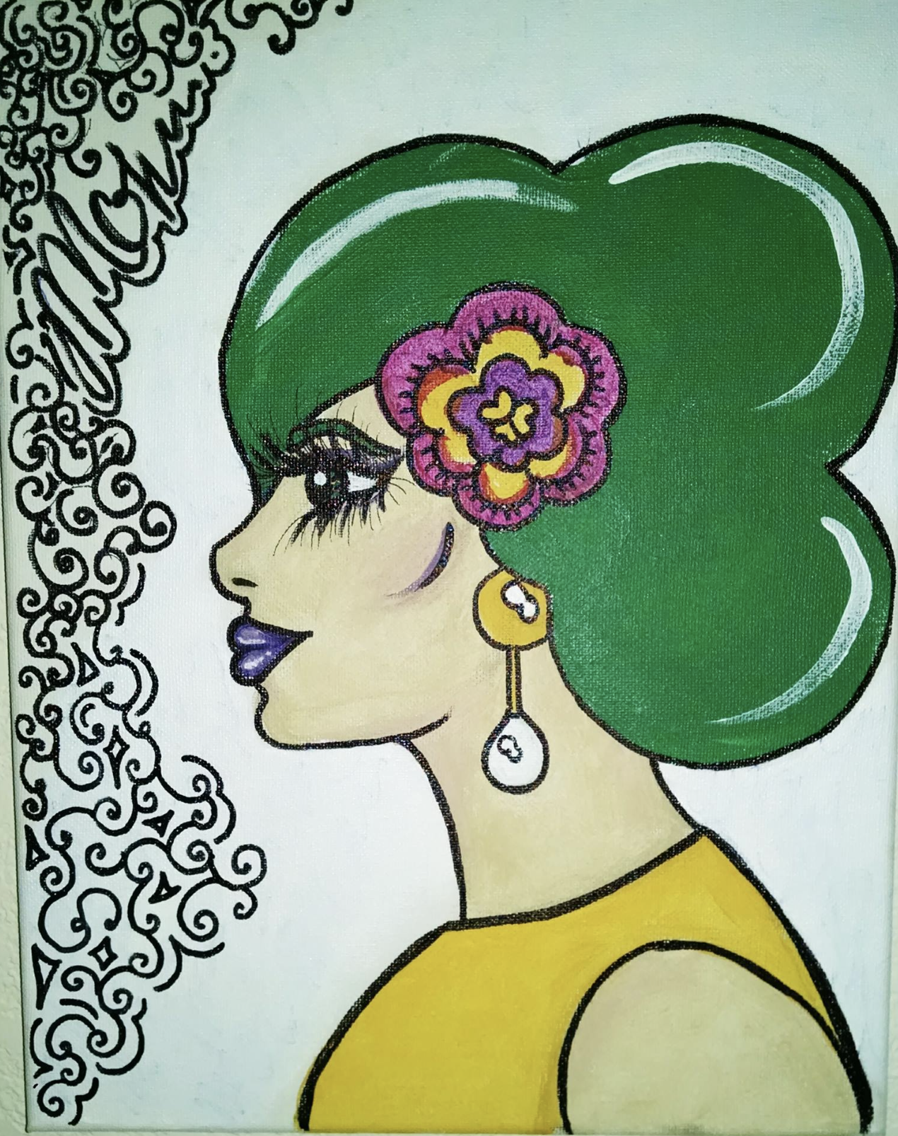 A colorful illustration of a woman with green hair adorned with a large pink, yellow, and purple flower. She has dark, winged eyeliner and purple lipstick. She wears gold earrings with white gemstones and a yellow top. The background features swirlin