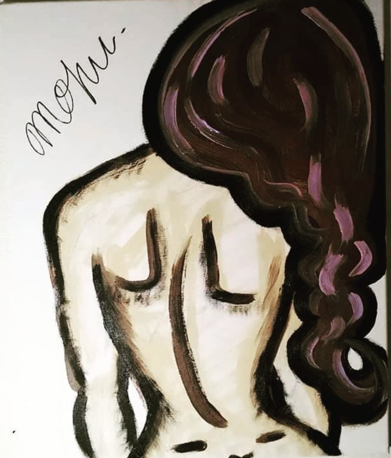 A stylized drawing of a woman with long, dark, wavy hair. The word 'mom' is written in cursive in the top left corner.