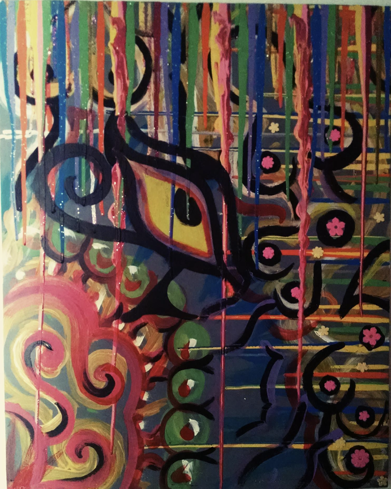 A colorful abstract mural featuring black swirling lines, pink flowers, and vibrant rainbow-colored drips and patterns.
