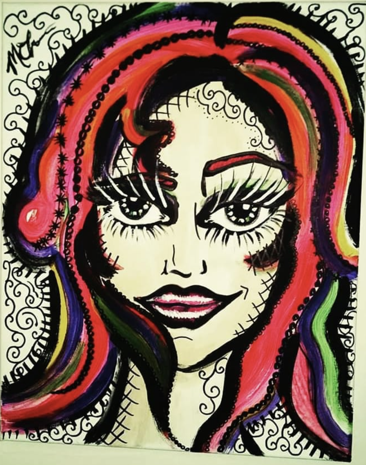 Colorful artistic portrait of a woman with rainbow-colored hair, large expressive eyes, and decorative black outlines.