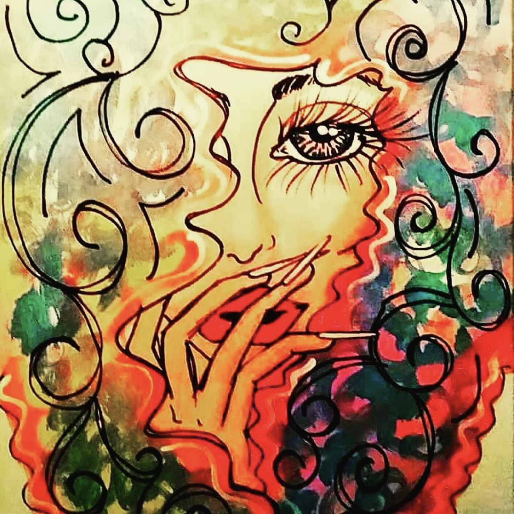 A colorful abstract artwork featuring a line drawing of a woman with flowing hair and large eye, set against a multicolored background.