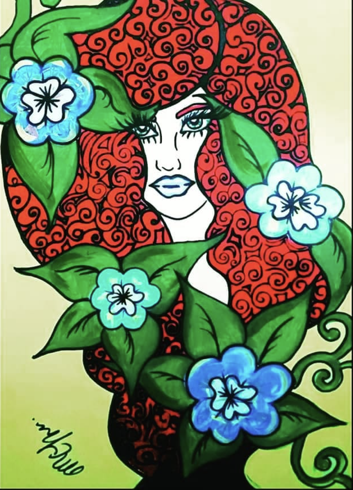 An artistic illustration of a woman with red, curly hair adorned with blue flowers and green leaves. The woman has blue eyes, makeup, and a neutral expression.