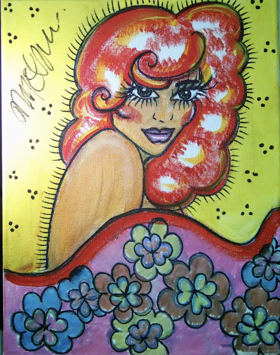 Colorful illustration of a woman with curly red hair, bold makeup, and a confident expression, surrounded by flowers and abstract background.