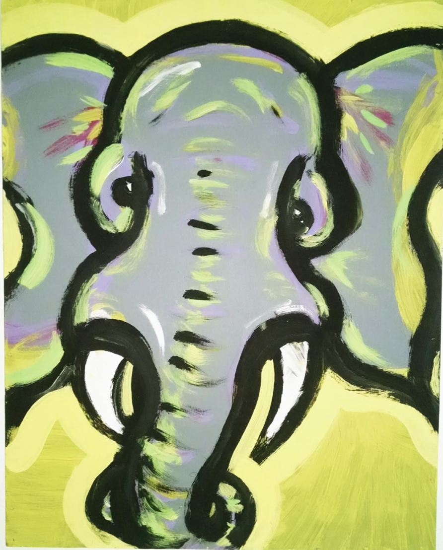 Abstract painting of an elephant's face with bold black outlines, pale purple and yellow accents, on a yellow background.