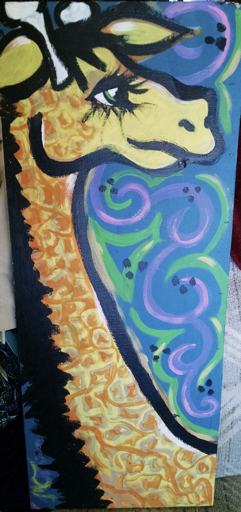 Colorful painting of a giraffe's head and neck with a blue background and swirling purple and green patterns.