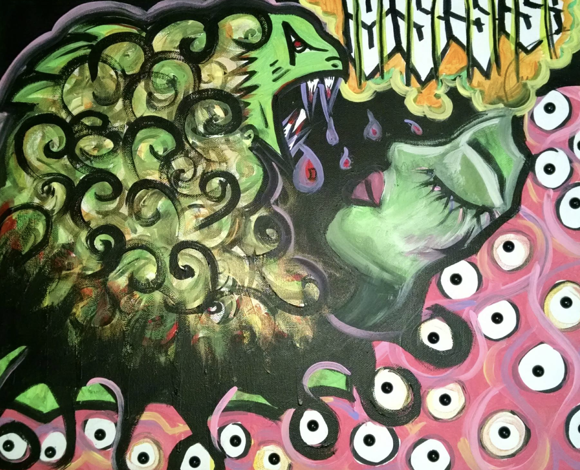 Colorful abstract artwork featuring a green creature with sharp teeth and red eyes, surrounded by swirling patterns, multiple pink flowers with white eyes, and various vibrant colors.