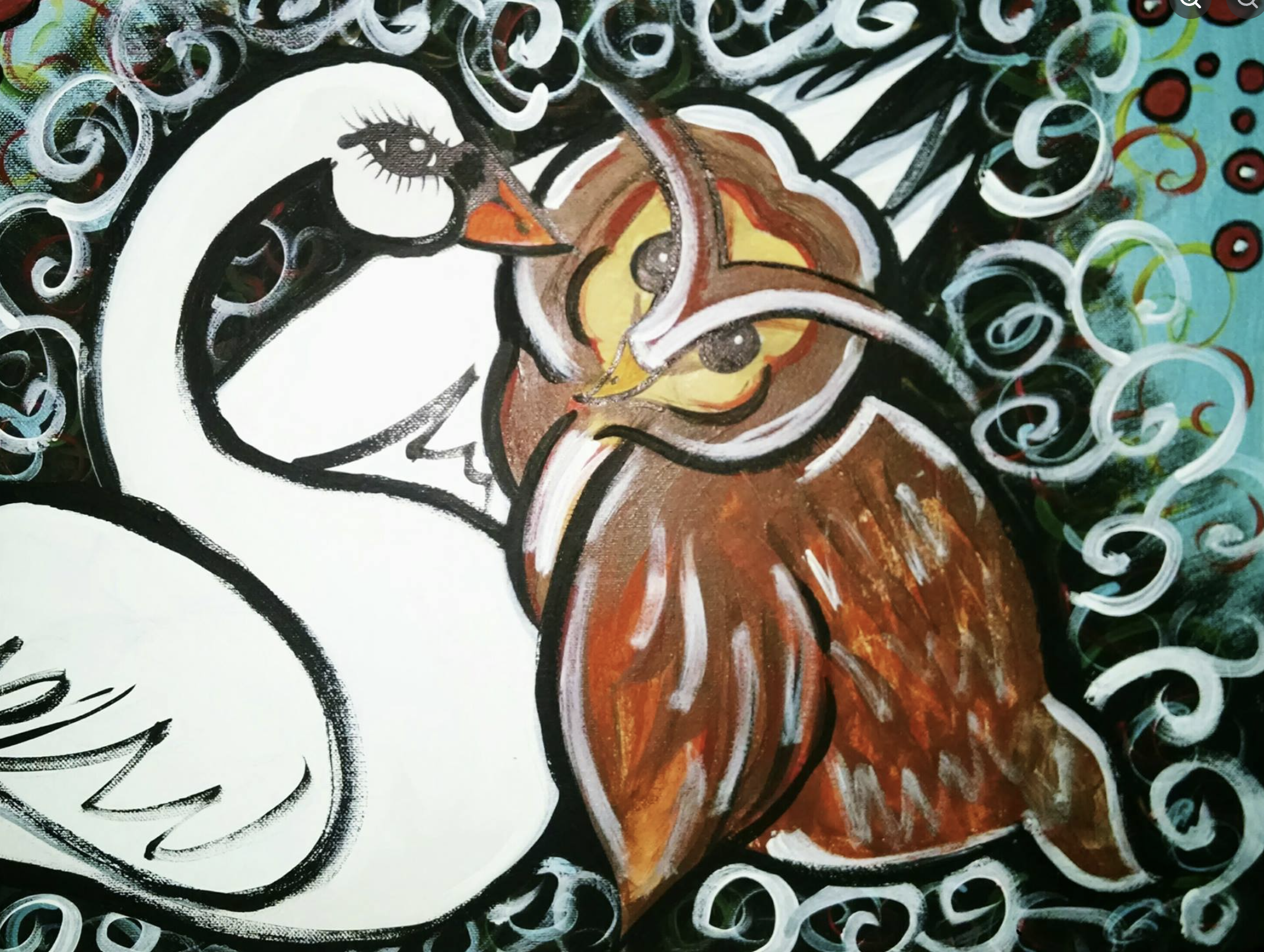 A colorful abstract painting shows a stylized female face with black and white features, surrounded by swirling patterns and vibrant colors, including brown, yellow, orange, and turquoise.