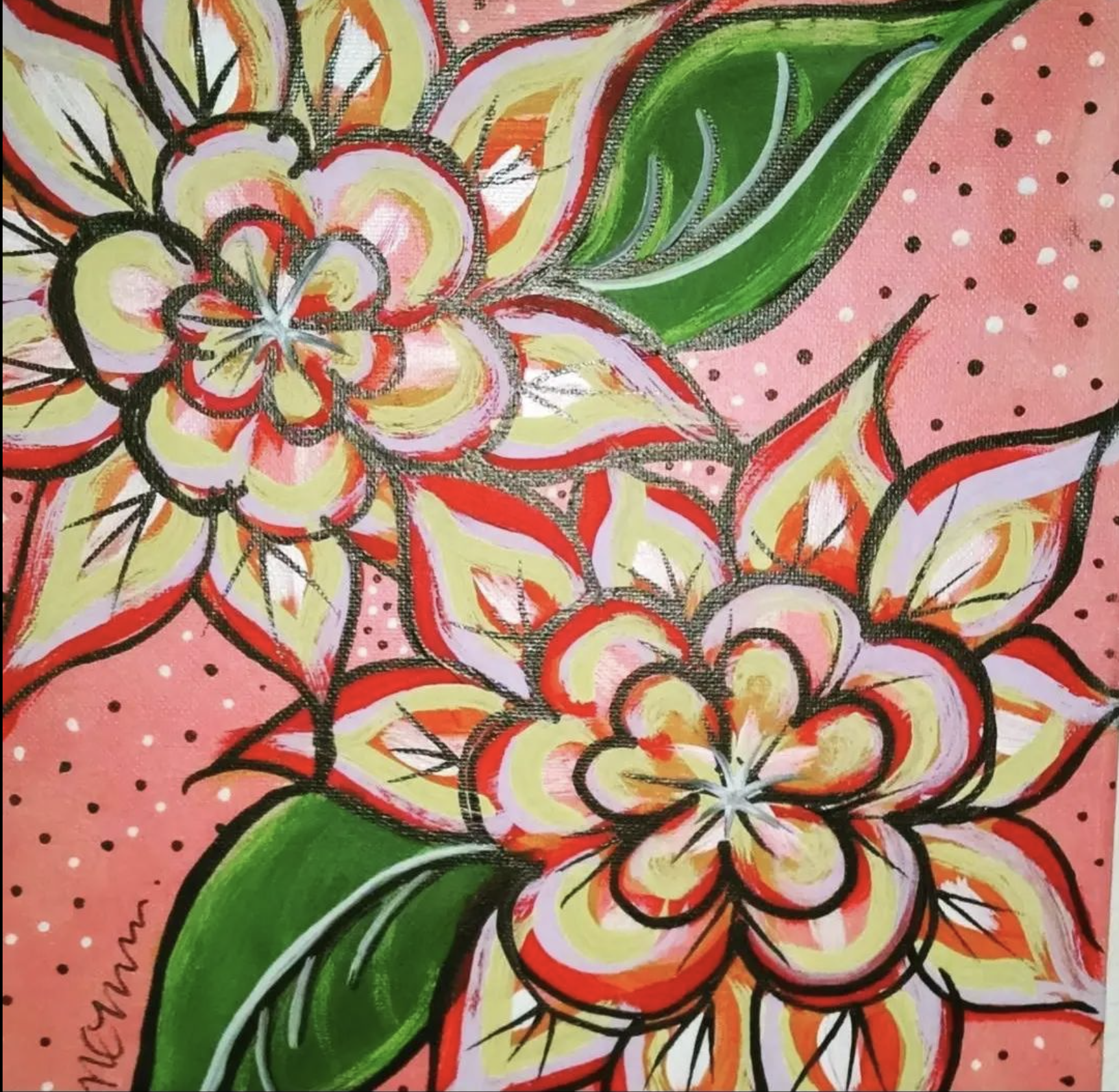 Bright floral abstract artwork with pink, red, white, yellow, black, and green colors. The design features stylized flowers with bold black outlines, green leaves, and a pink background with black and white dots.