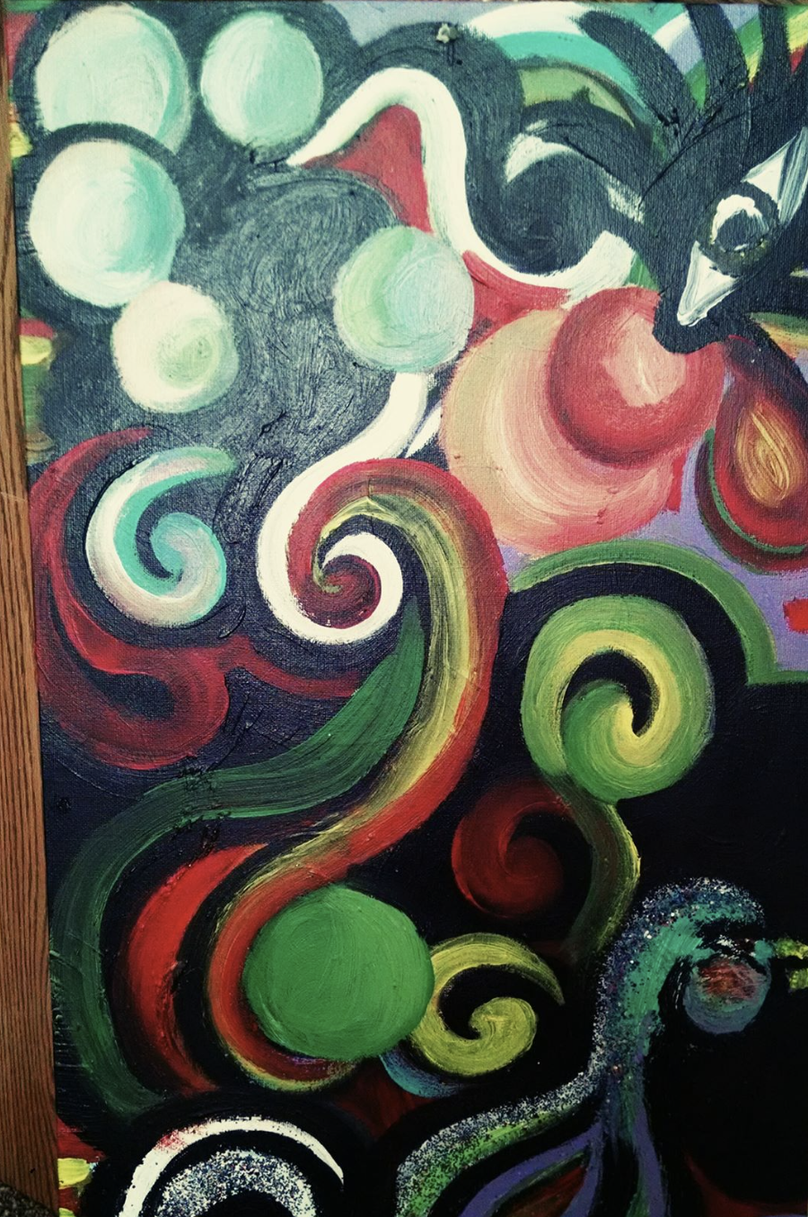 Abstract painting featuring swirling shapes and vibrant colors, including green, red, black, white, and purple.