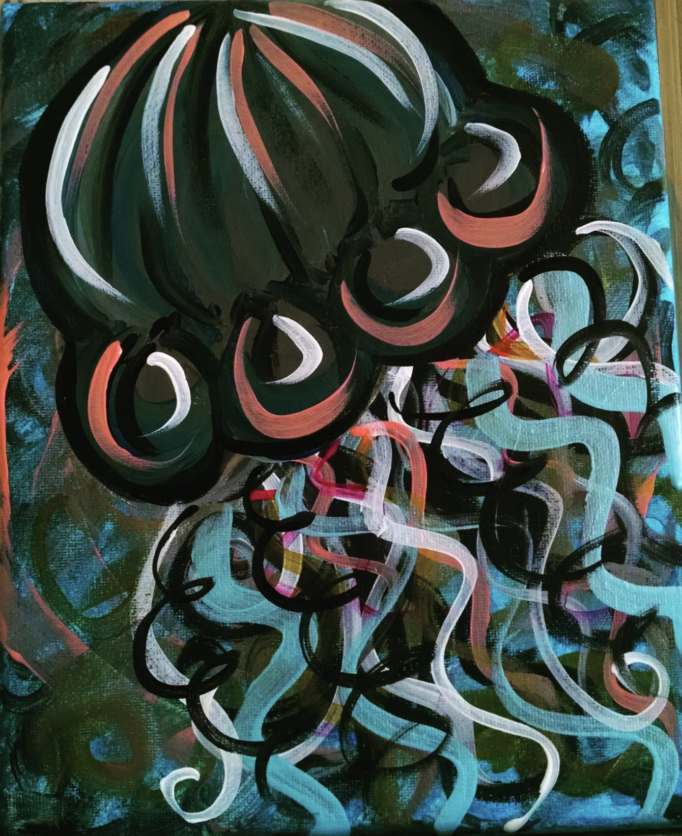 Abstract painting featuring swirling shapes and bold brushstrokes in shades of green, black, white, pink, and blue, with a textured background.