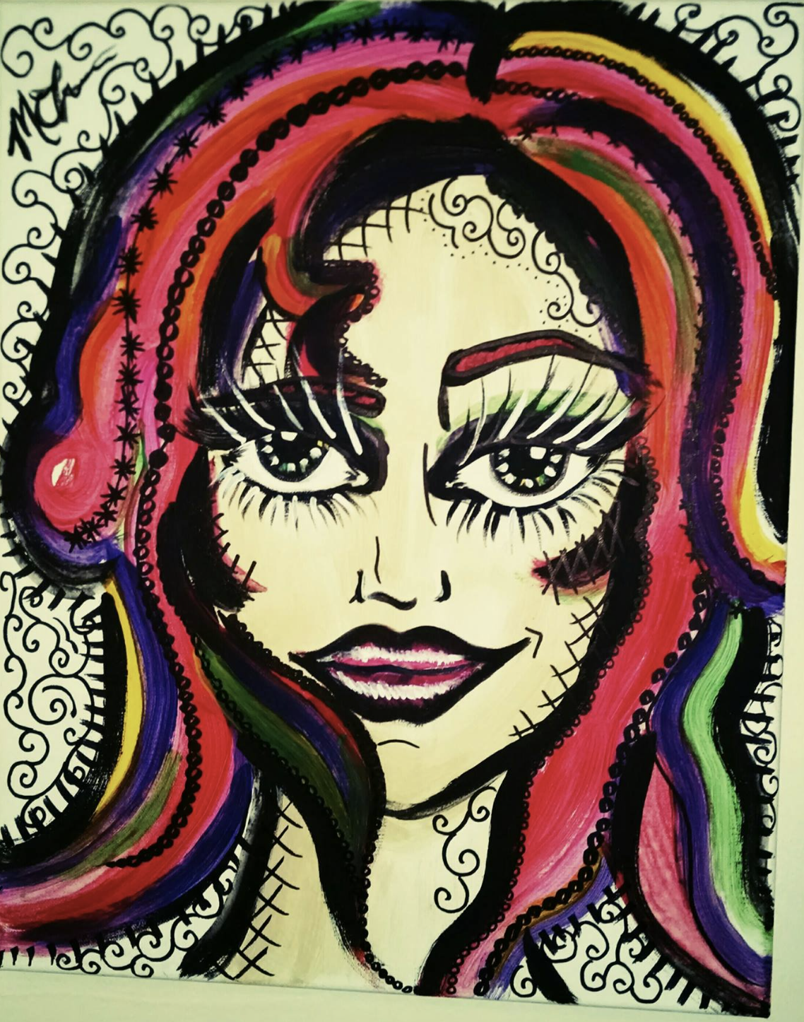 A colorful portrait of a woman with vibrant, flowing hair, expressive large eyes, bold lips, and detailed black ink patterns surrounding her face.