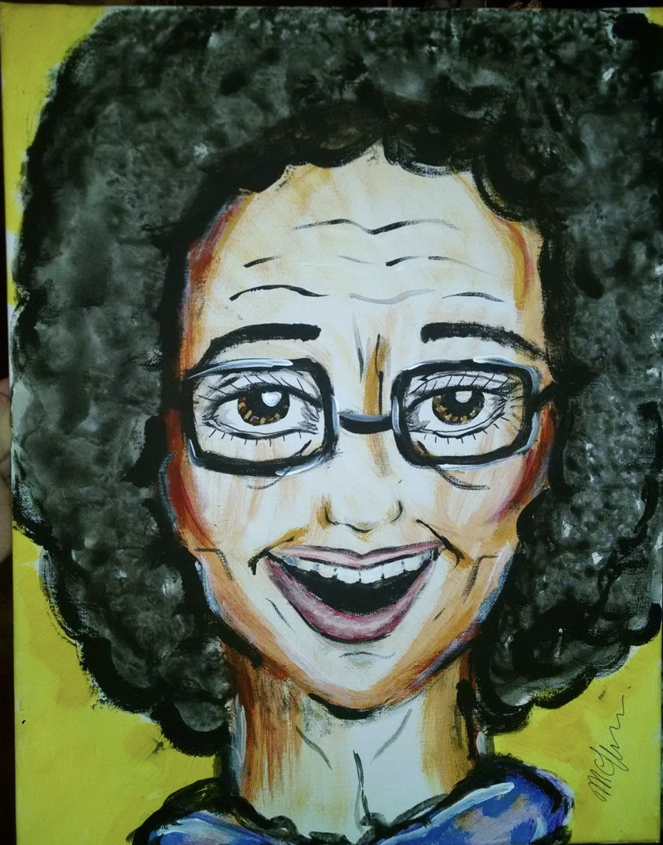 A colorful illustration of a woman with curly hair, glasses, and a wide smile, against a yellow background.