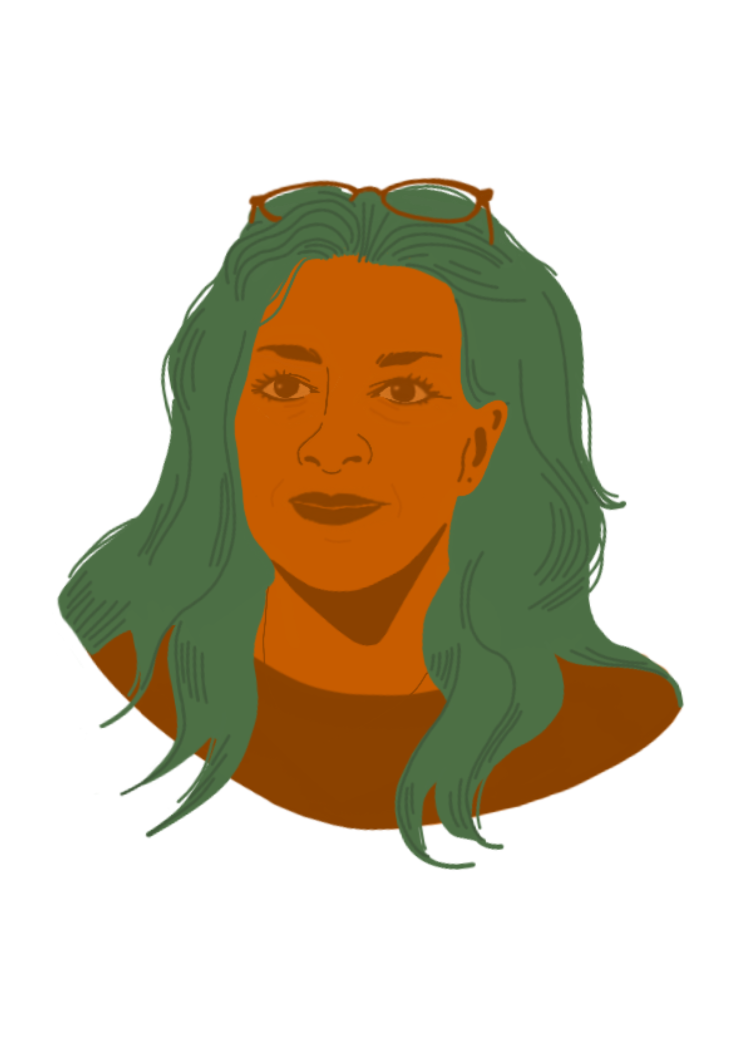 Illustration of a woman with long wavy green hair, glasses on top of her head, and wearing a brown top.
