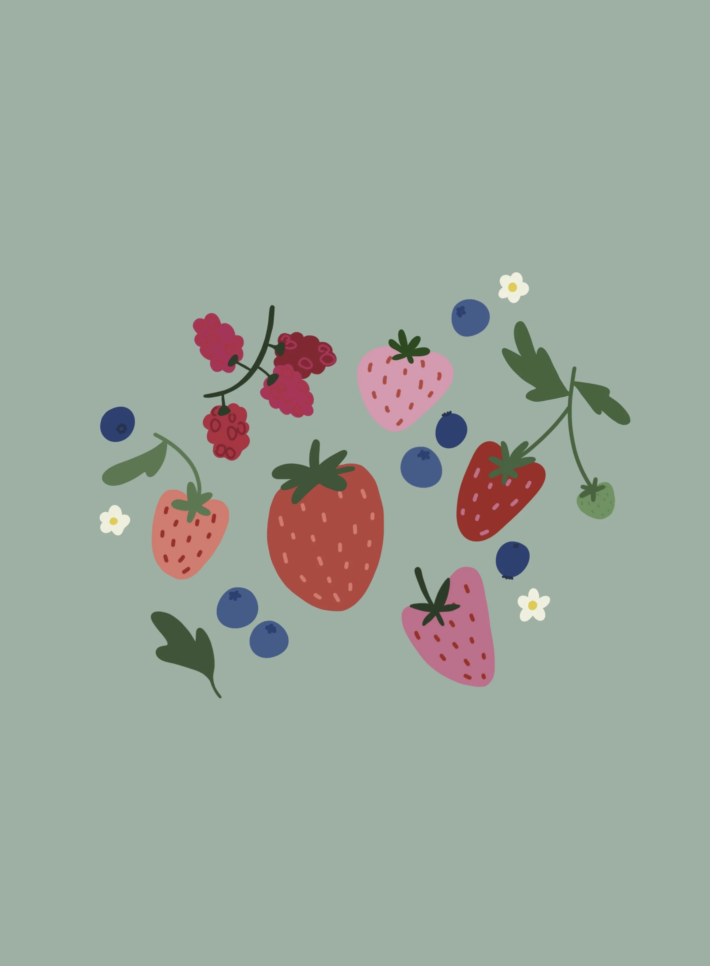 Illustration of various strawberries, blueberries, raspberries, small white flowers, and green leaves on a muted green background.
