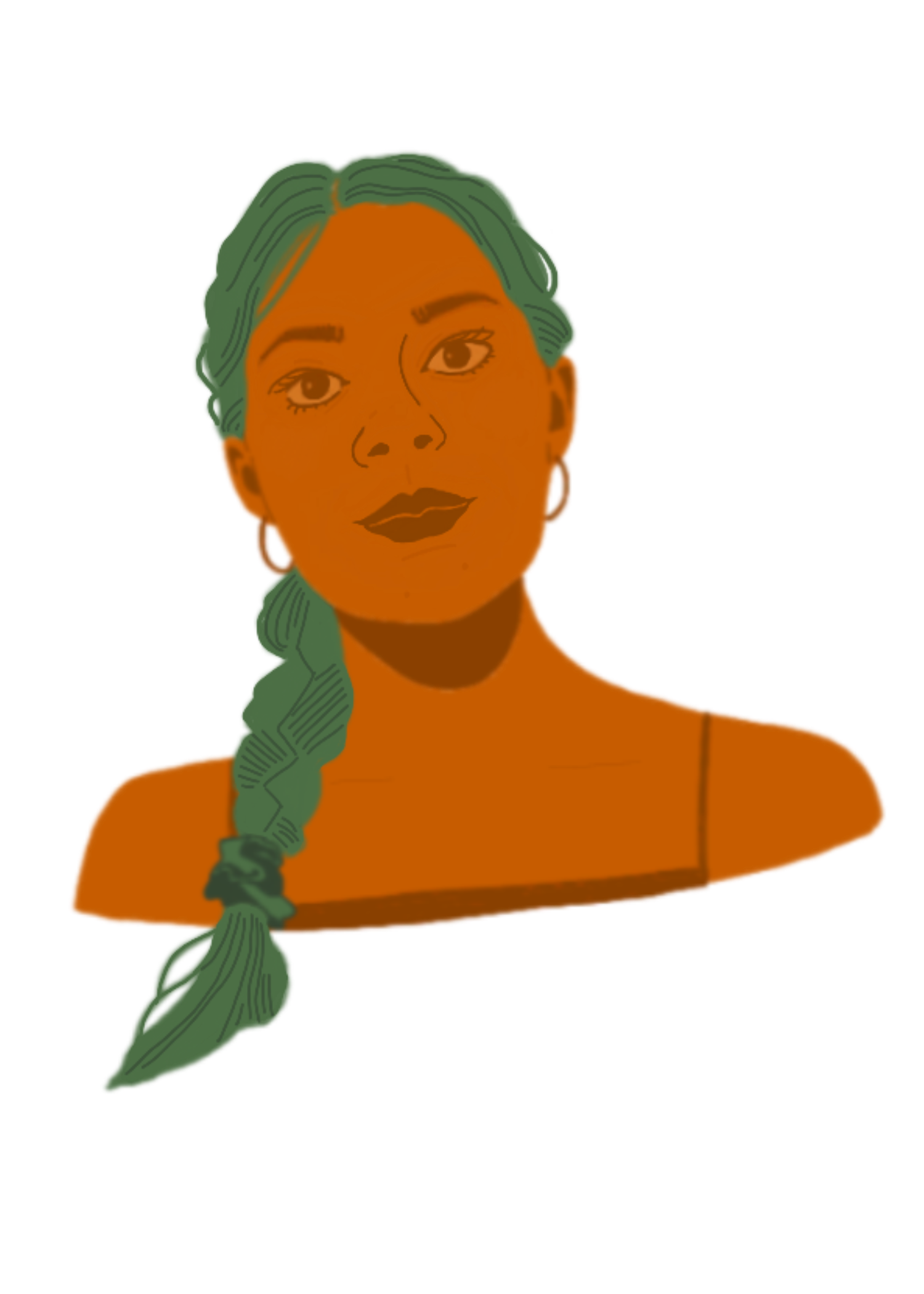 Stylized illustration of a woman with tan skin, green braided hair, wearing a black strap top, and earrings.