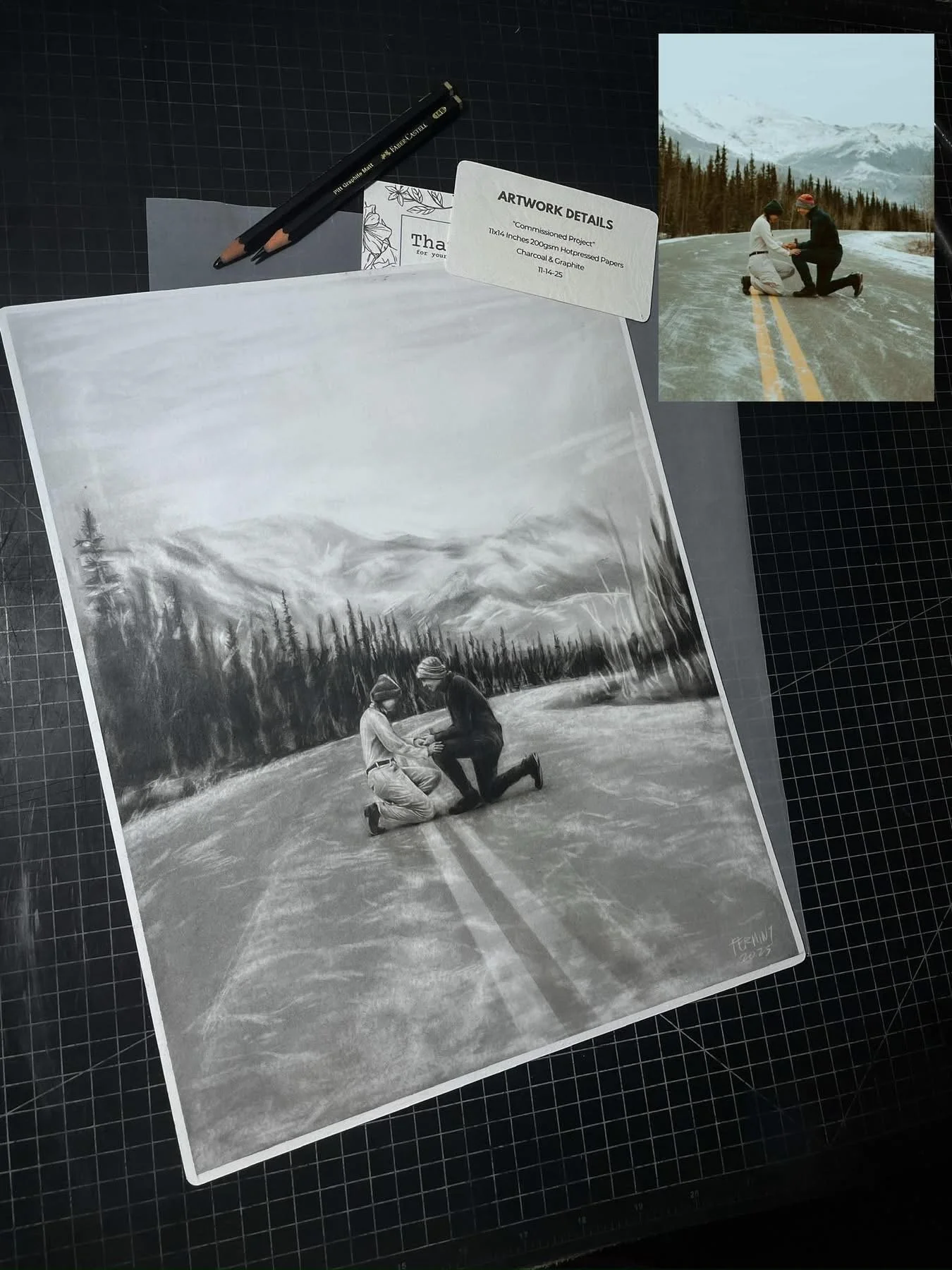 A black and white painting of two people kneeling on a road, with mountains and forest in the background. One person appears to be proposing to the other, who is holding their hands.