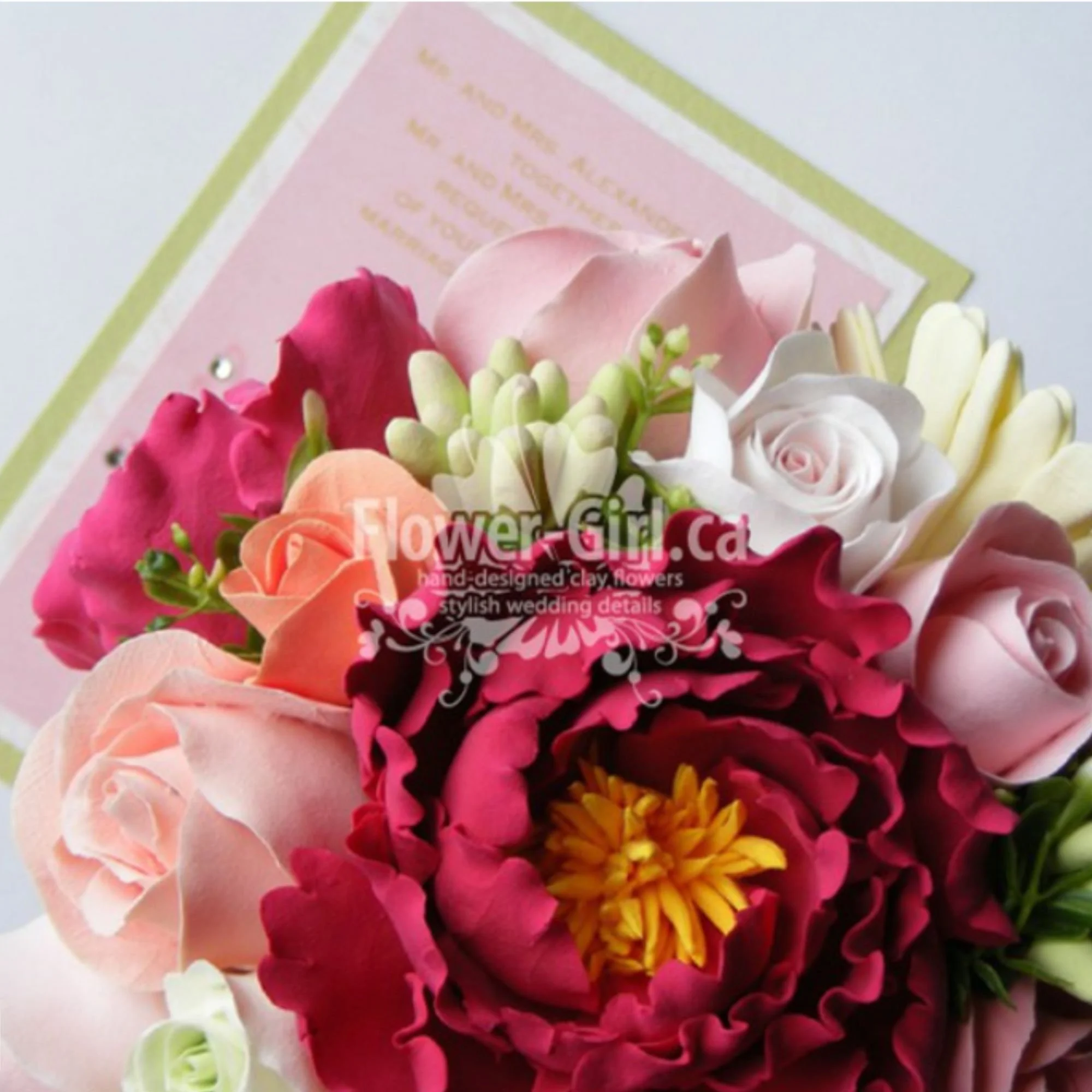 Close-up of a clay flower bouquet of various colored pink and peach roses, deep pink peonies and accent flowers with a pink, green and white card in the background.