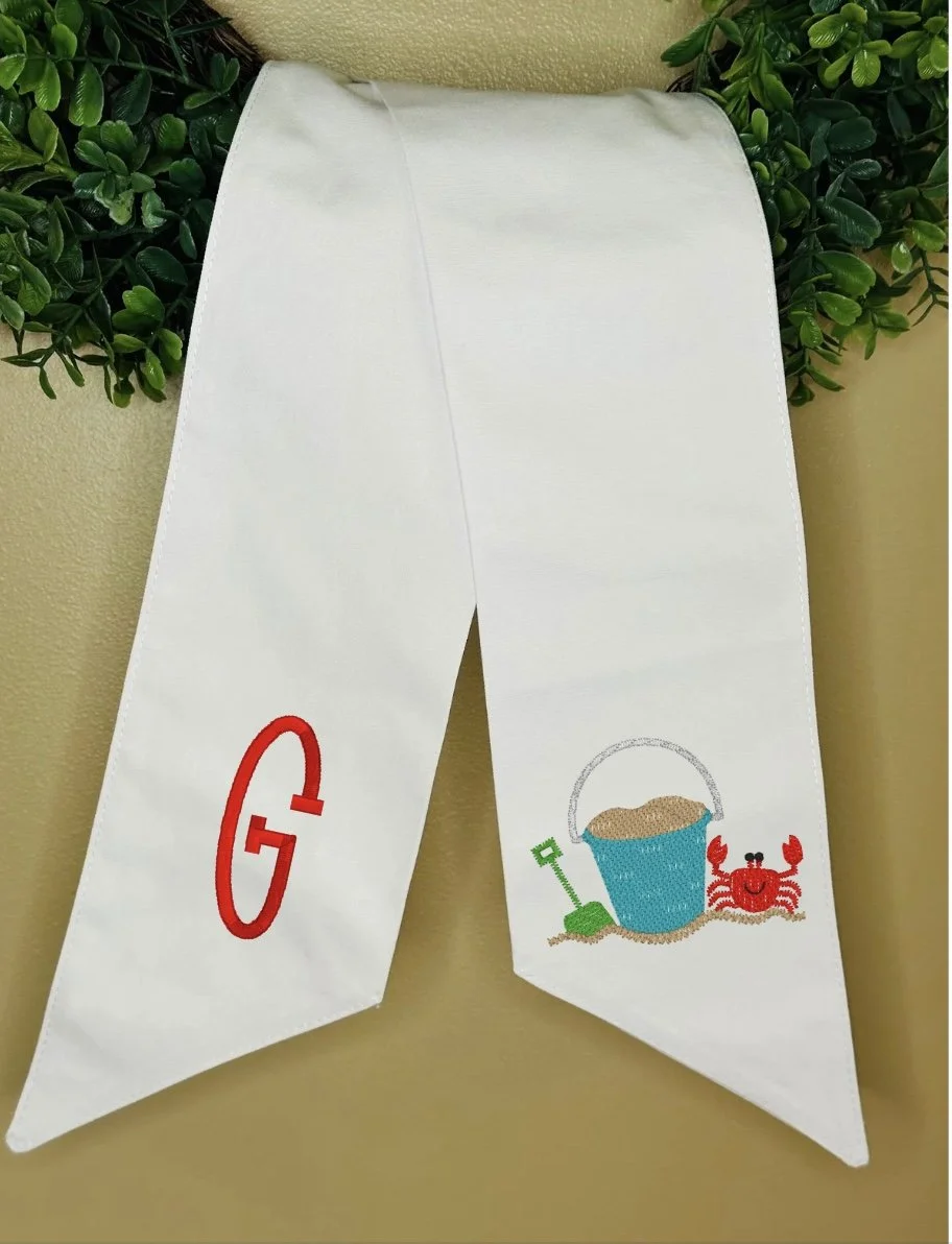 Embroidered Wreath Sash - Summer/Beach - Sand Pail & Crab