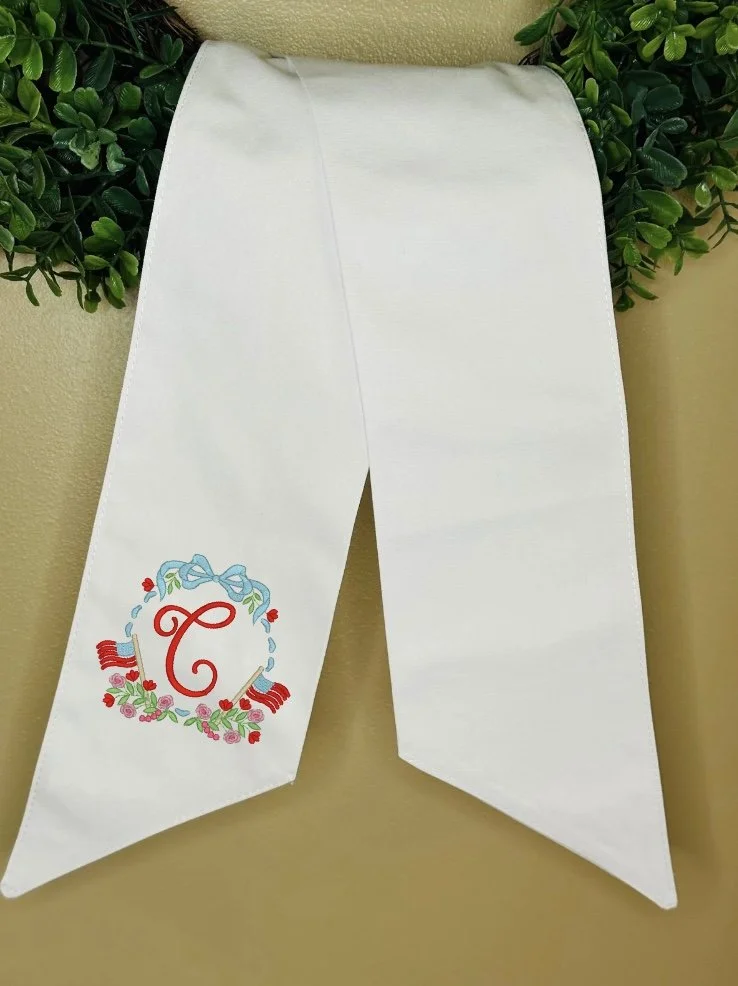 Embroidered Wreath Sash - July 4th - Initial Crest w/ Bow