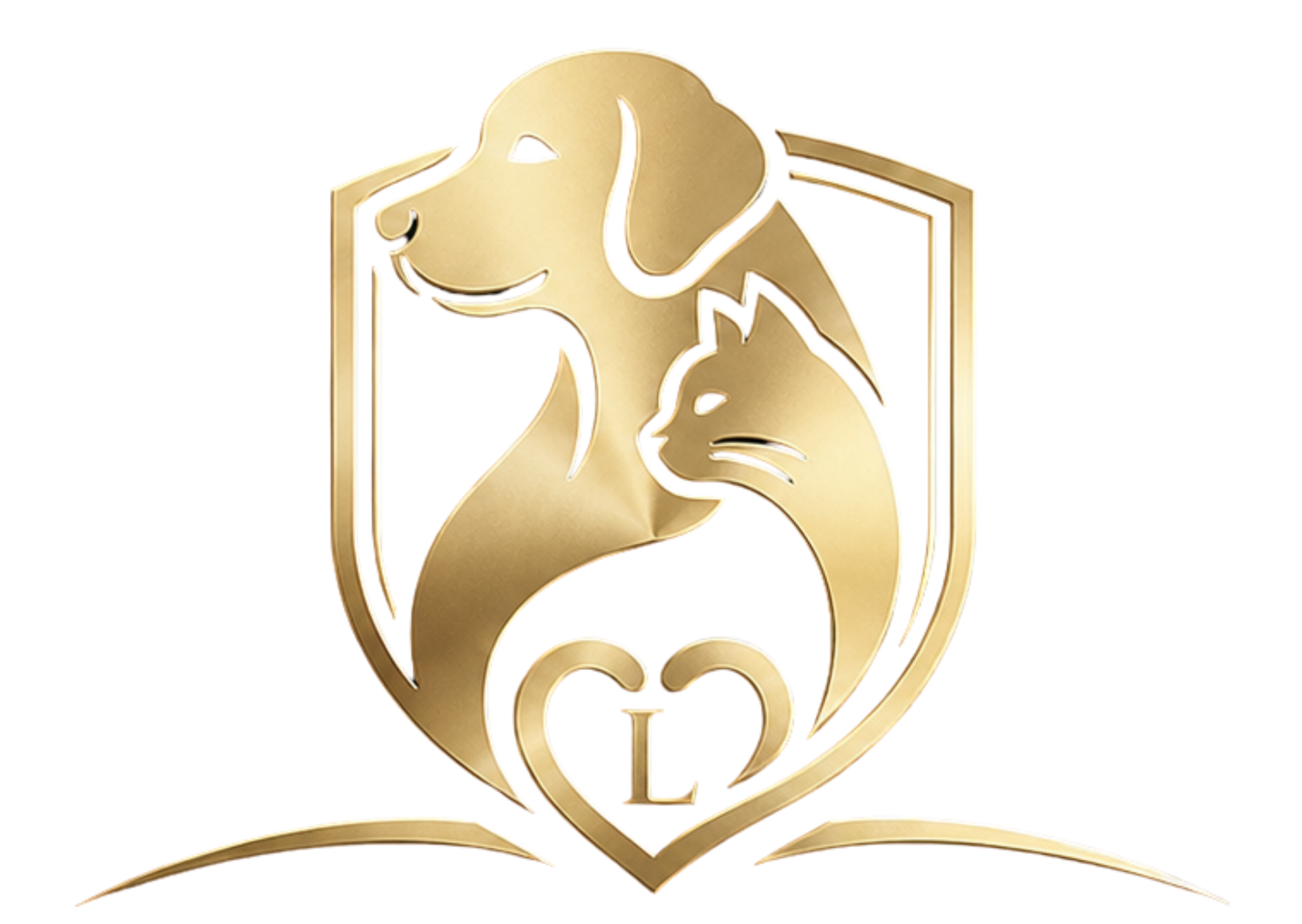 Gold emblem featuring a stylized dog and lion intertwined within a shield and the letter 'L' at the bottom.