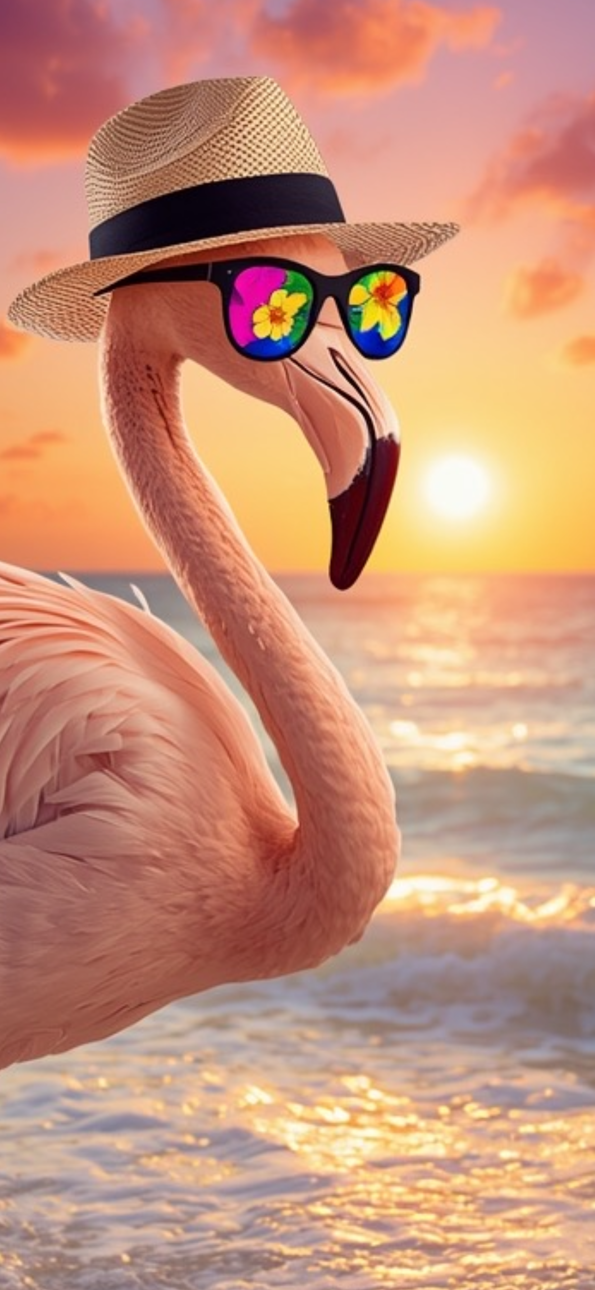 A flamingo wearing a straw hat and sunglasses with colorful, tropical floral reflections, standing in the water during sunset.