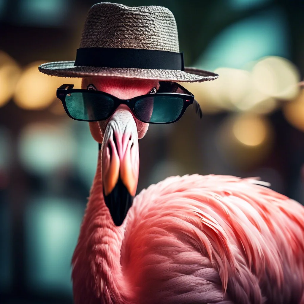 A flamingo wearing sunglasses, a straw hat, and a black band.