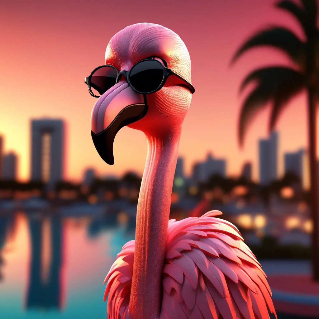 A digital illustration of a pink flamingo wearing black sunglasses against a sunset cityscape background with palm trees.
