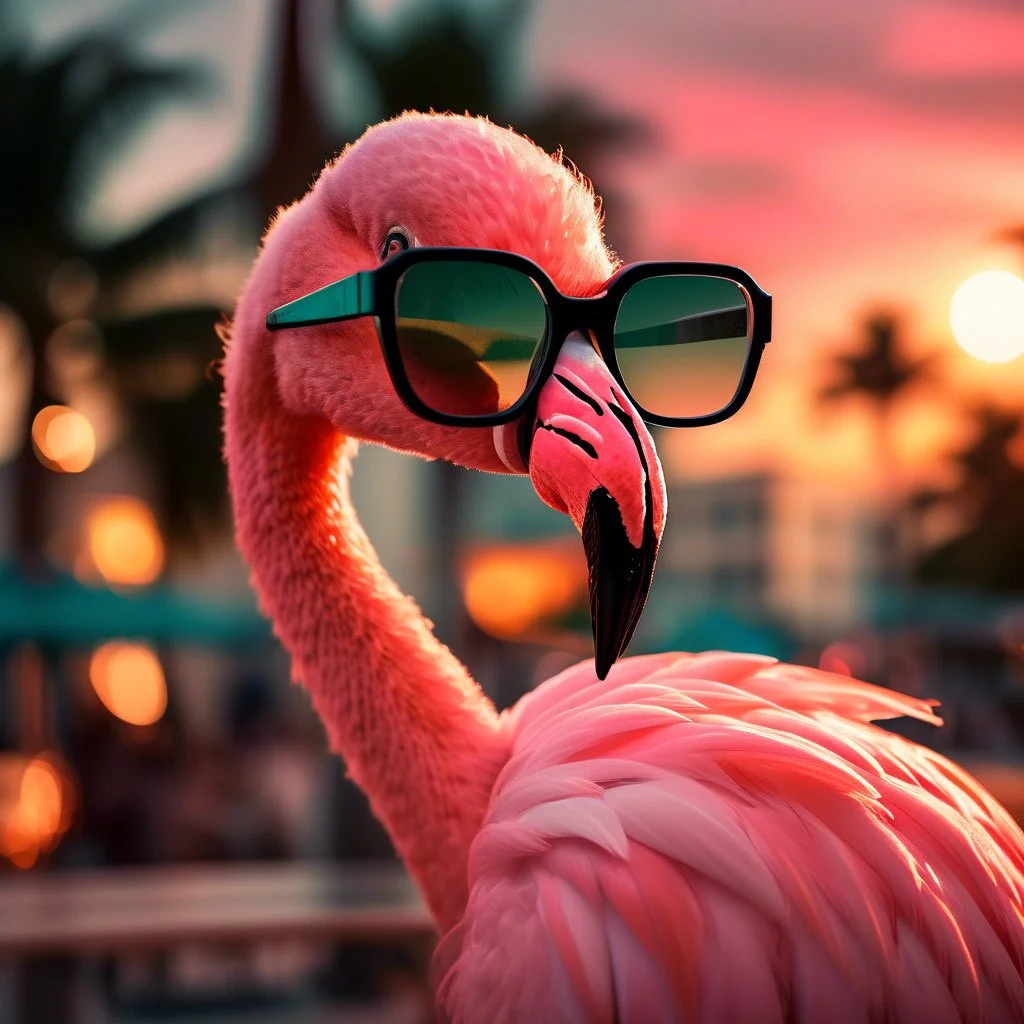 A flamingo wearing sunglasses with a sunset in the background.