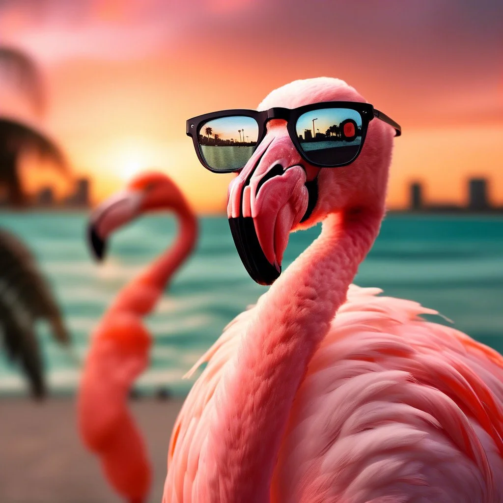 A pink flamingo wearing sunglasses at sunset or sunrise near a body of water, with city skyline in the background.