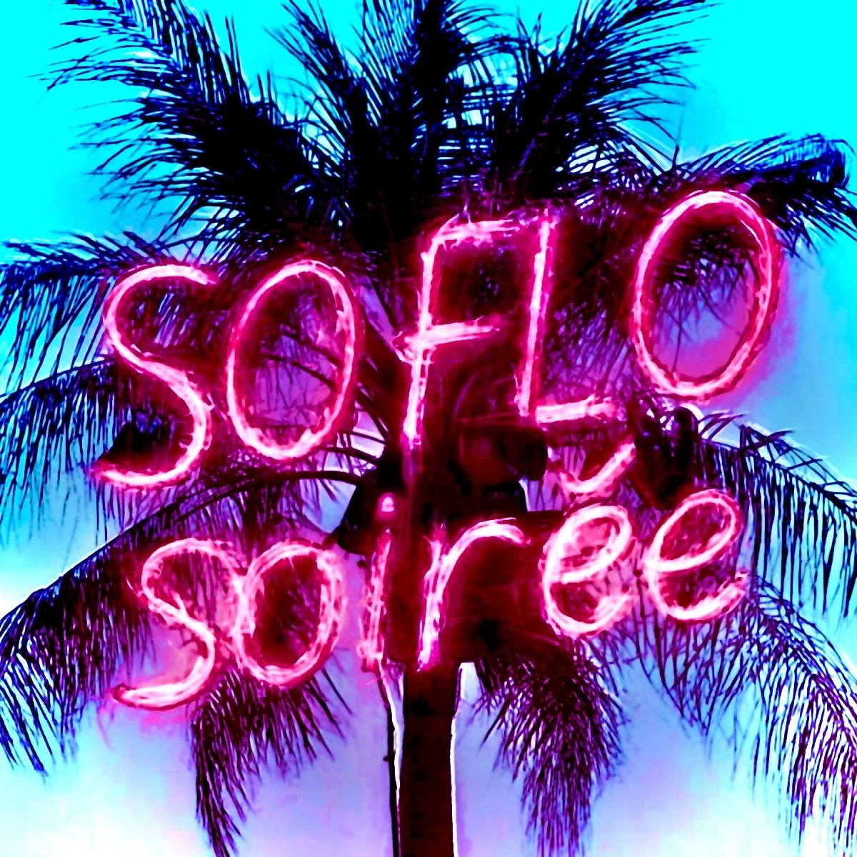 Neon pink lights spell out 'Soho 2000' on a palm tree against a blue sky.