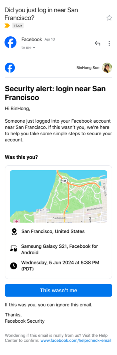 AFTER: Facebook security emails are clearer and scannable, anticipate questions, and signal legitimacy.