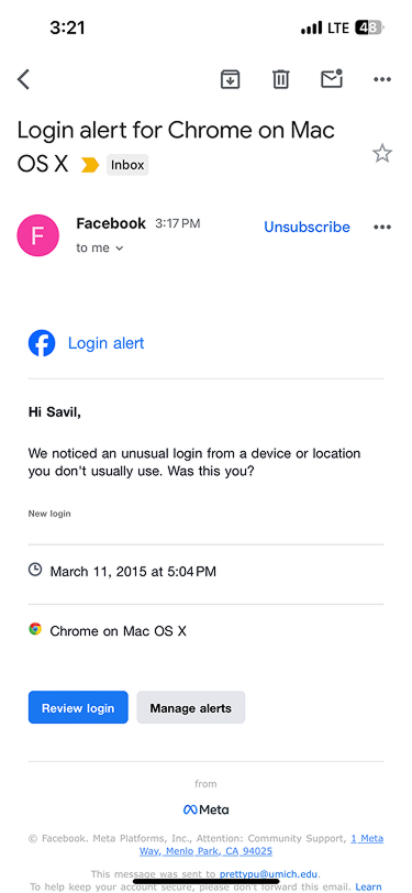 BEFORE: Facebook security emails were unclear, unhelpful, and suspicious.