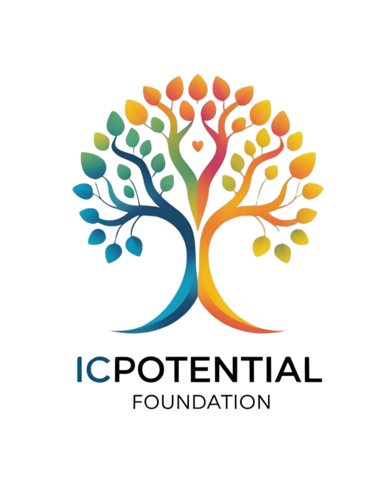 Colorful tree with rainbow leaves and a small heart in the middle above the text 'IC Potential Foundation'.