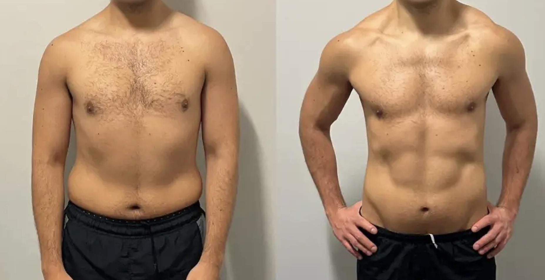 Comparison of a man's upper body before and after fitness transformation, showing weight loss and muscle definition.